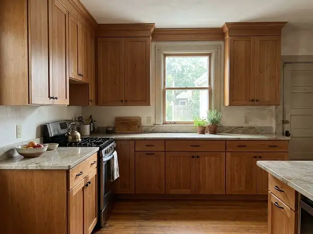 Cherry shaker kitchen cabinets with black hardware, a light countertop and crown moulding