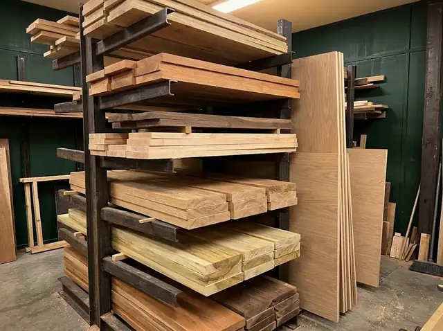 Stacked surfaced hardwood boards and plywood sheets in a lumber rack