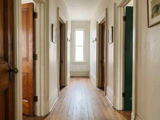Tall painted vintage-style baseboard and door casing in an older home hallway